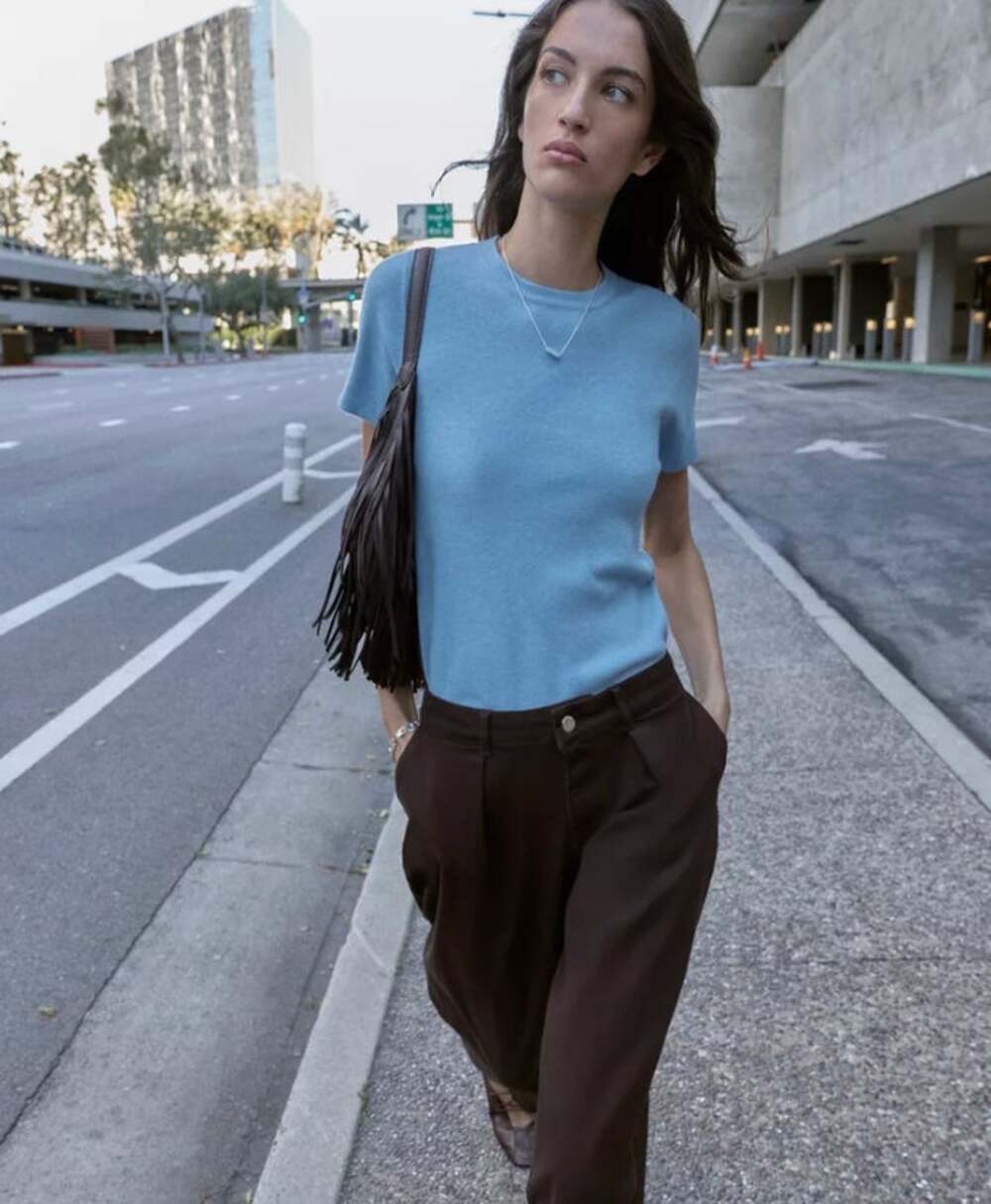 Zara Blue Crewneck Knit Sweater Top Size Small Soft Short Sleeve Jumper